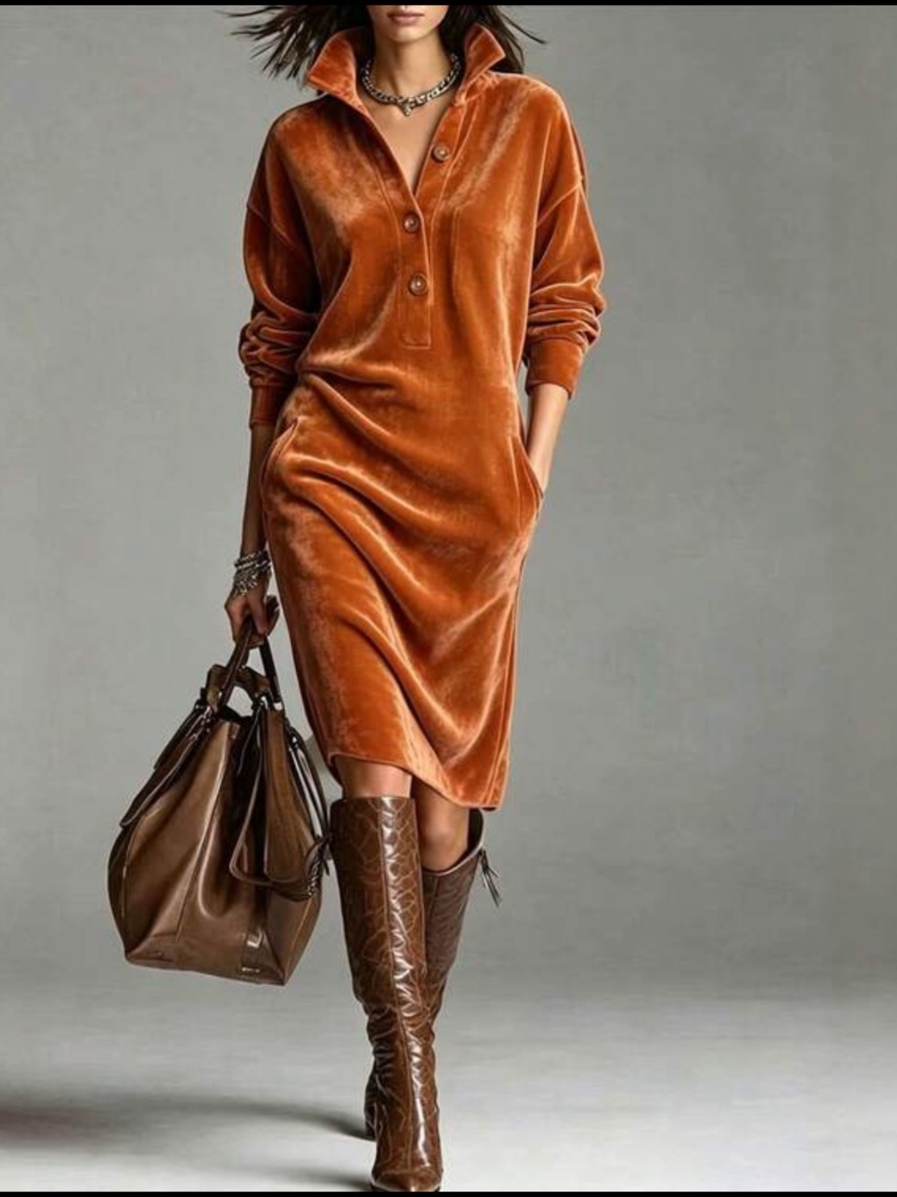 Luxe Velvet Button-Front Pocket Dress Burnt Orange - Picture 2 of 6